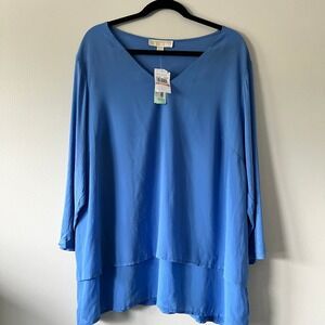 MICHAEL Michael Kors 2X Blue Long Sleeve Layered Tunic Top V-Neck Womens